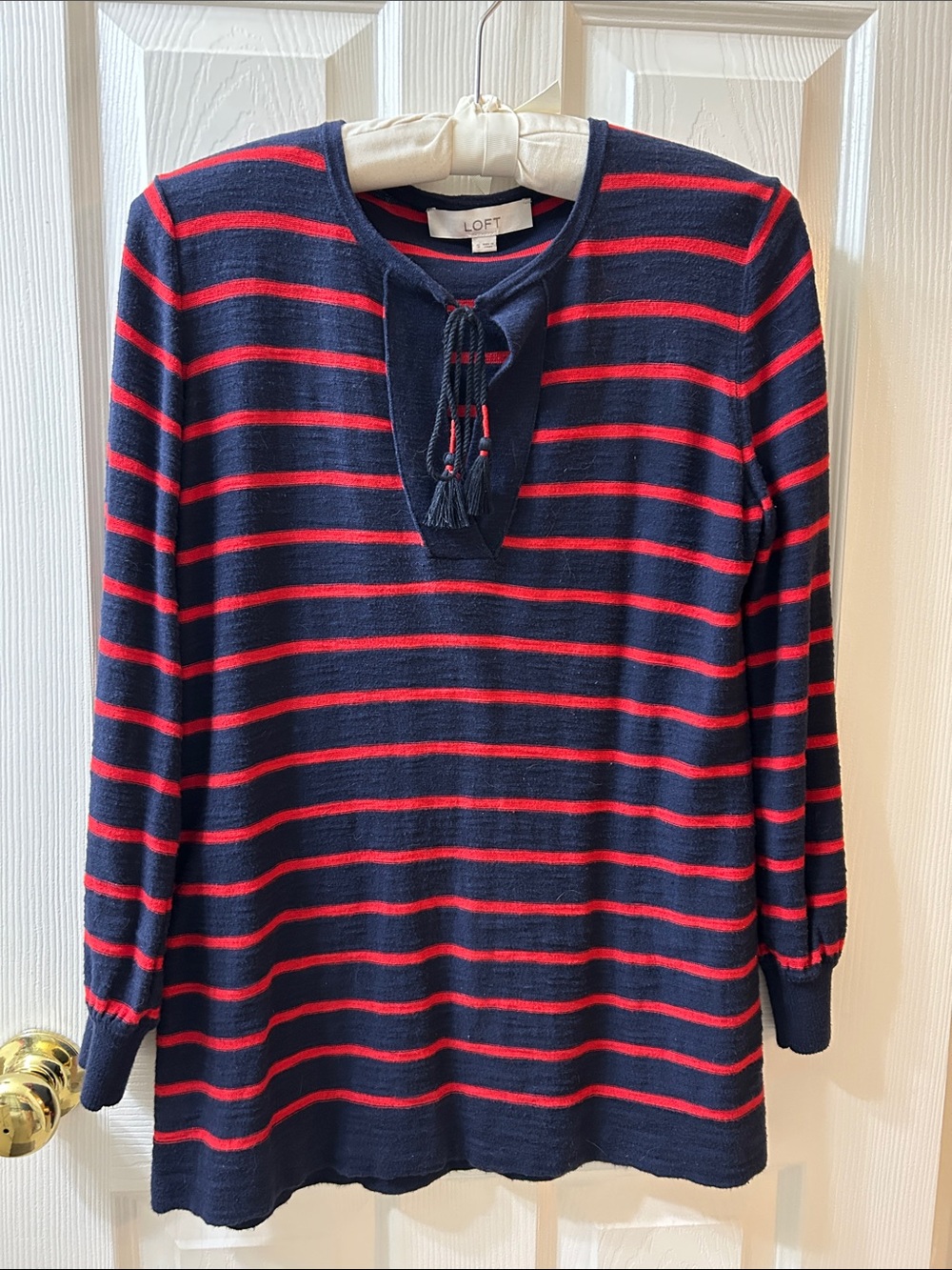 LOFT Navy and Red Striped Tassel Tie Knit Top